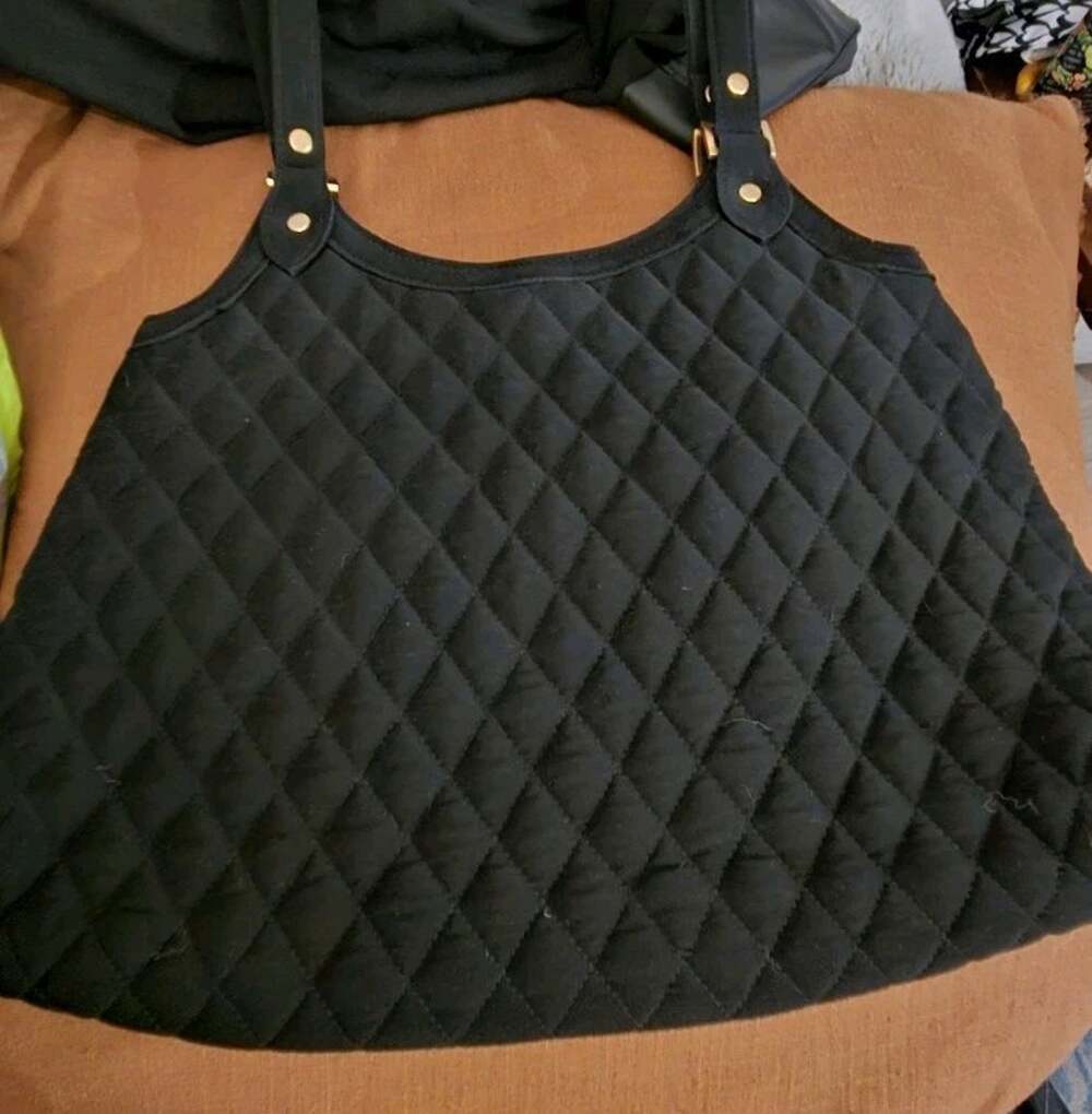 Vera Bradley Black Quilted Microfiber Tote Shoulder Bag Gold Hardware